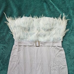 Light Blue Strapless Feathered Jumpsuit With Buckle Detail. Seamless Zipper.